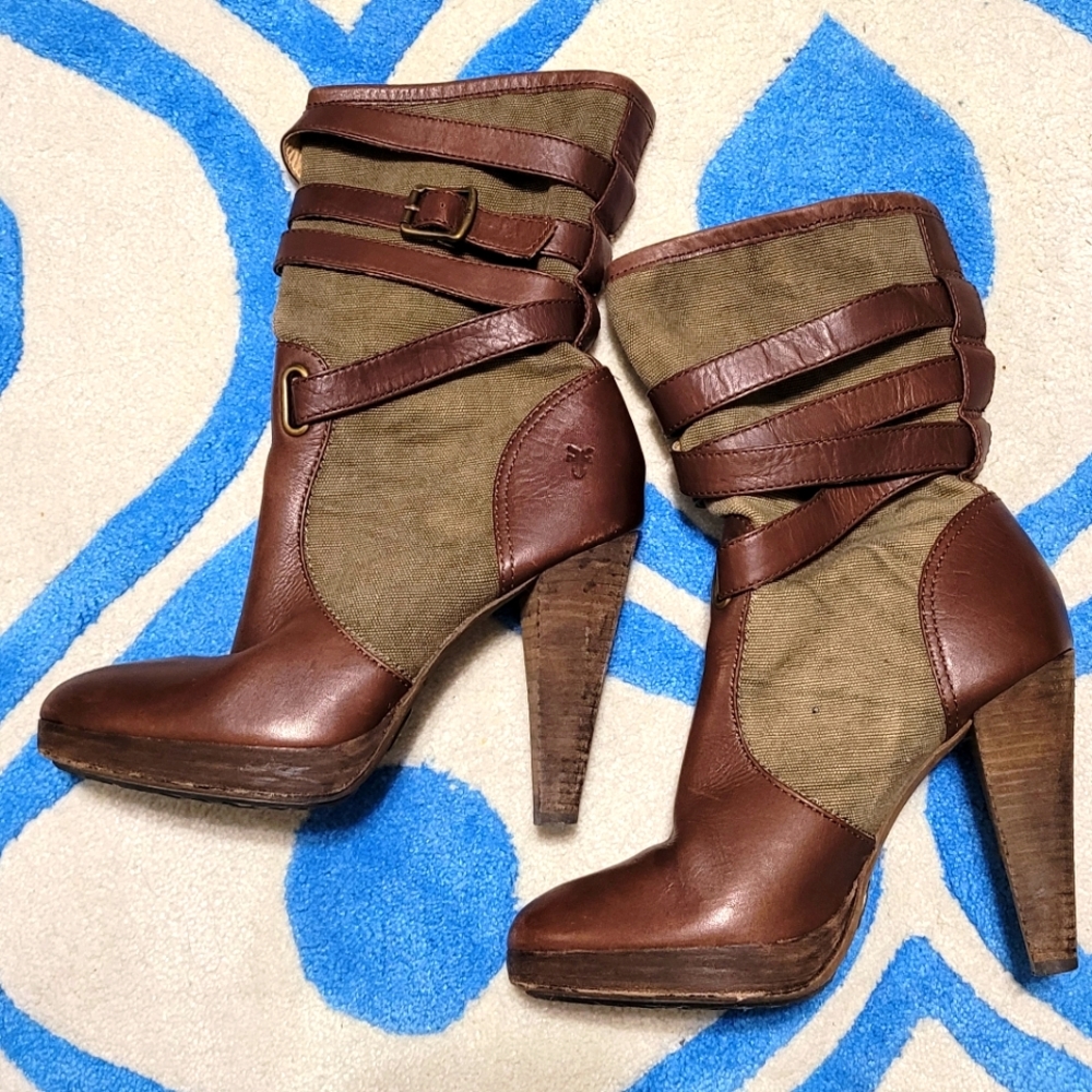 FRYE Green canvas and Brown leather High Heel Boots